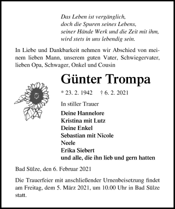 Traueranzeige von Günter Trompa von Ostsee-Zeitung GmbH