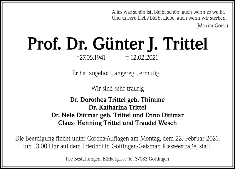  Traueranzeige für Günter J. Trittel vom 20.02.2021 aus Göttinger Tageblatt