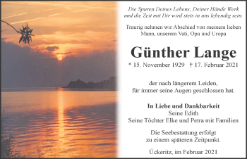 Traueranzeige von Günther Lange von Ostsee-Zeitung GmbH