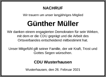 Traueranzeige von Günther Müller