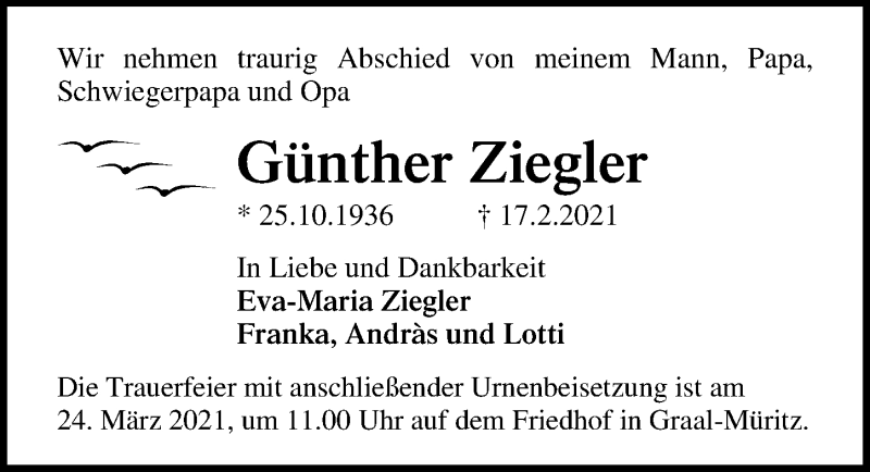  Traueranzeige für Günther Ziegler vom 27.02.2021 aus Ostsee-Zeitung GmbH