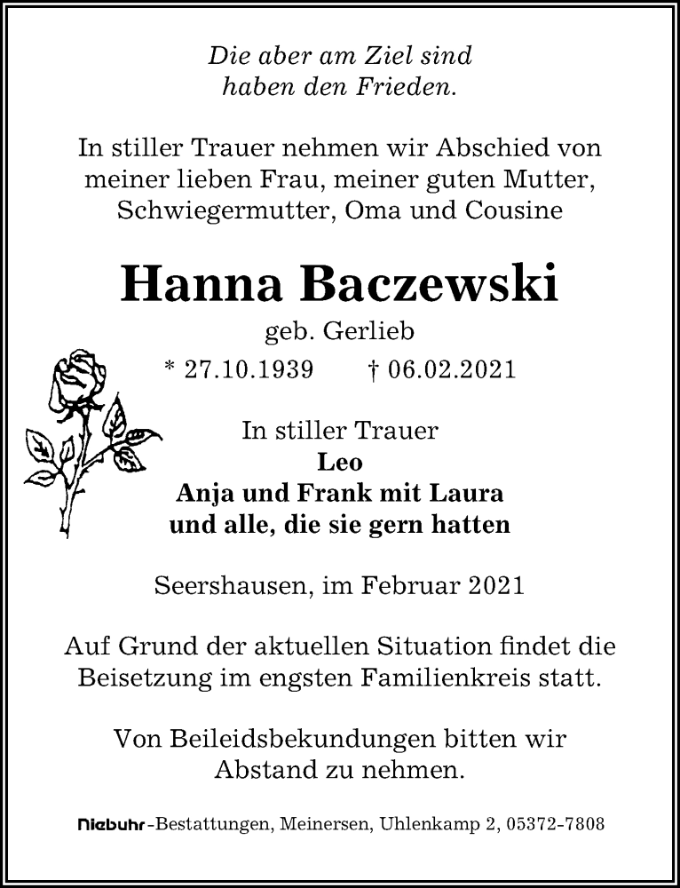  Traueranzeige für Hanna Baczewski vom 13.02.2021 aus Aller Zeitung