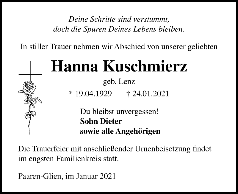  Traueranzeige für Hanna Kuschmierz vom 06.02.2021 aus Märkischen Allgemeine Zeitung