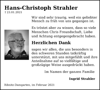 Traueranzeige von Hans-Christoph Strahler von Ostsee-Zeitung GmbH