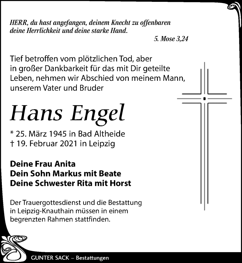  Traueranzeige für Hans Engel vom 27.02.2021 aus Leipziger Volkszeitung