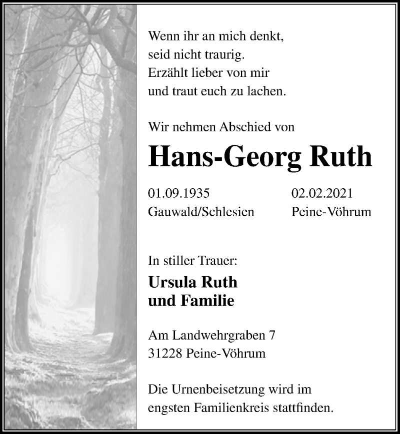  Traueranzeige für Hans-Georg Ruth vom 09.02.2021 aus Peiner Allgemeine Zeitung