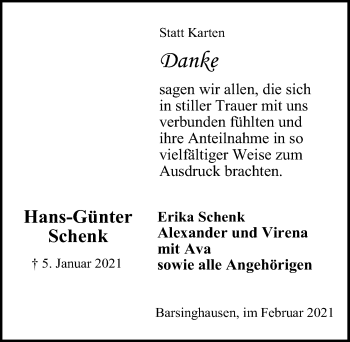 Traueranzeige von Hans-Günter Schenk von Hannoversche Allgemeine Zeitung/Neue Presse