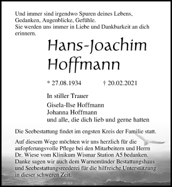 Traueranzeige von Hans-Joachim Hoffmann von Ostsee-Zeitung GmbH
