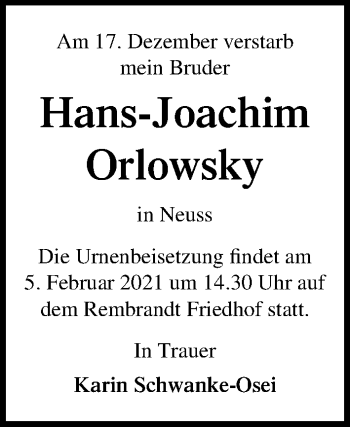 Traueranzeige von Hans-Joachim Orlowsky von Märkischen Allgemeine Zeitung