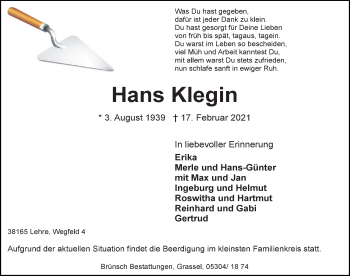 Traueranzeige von Hans Klegin von Aller Zeitung