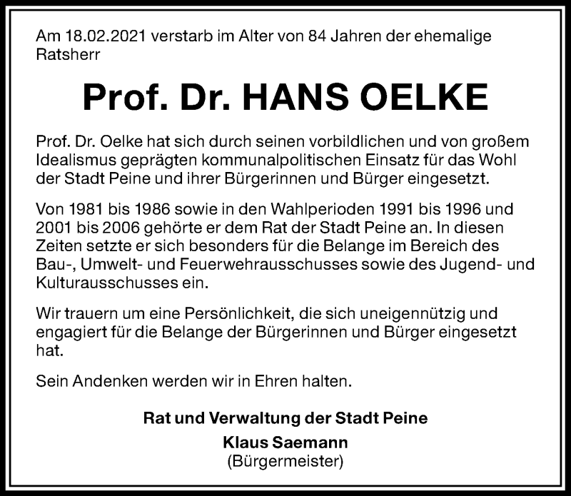  Traueranzeige für Hans Oelke vom 26.02.2021 aus Peiner Allgemeine Zeitung