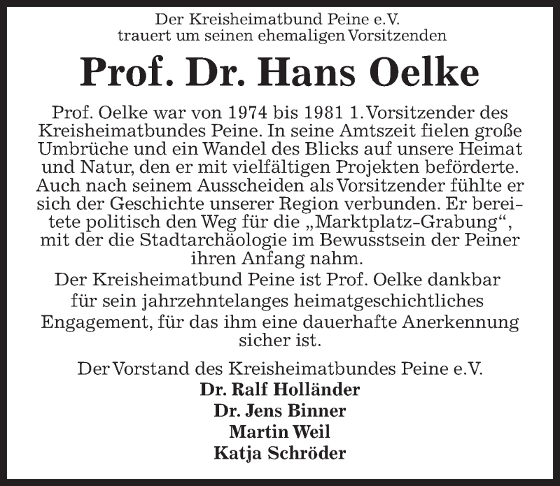  Traueranzeige für Hans Oelke vom 25.02.2021 aus Peiner Allgemeine Zeitung