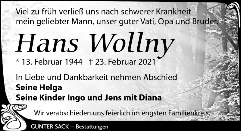  Traueranzeige für Hans Wollny vom 27.02.2021 aus Leipziger Volkszeitung