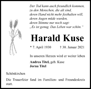 Traueranzeige von Harald Kuse von Kieler Nachrichten