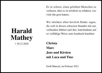 Traueranzeige von Harald Mathey von Hannoversche Allgemeine Zeitung/Neue Presse