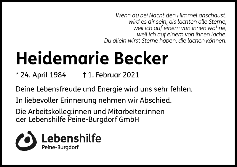  Traueranzeige für Heidemarie Becker vom 06.02.2021 aus Peiner Allgemeine Zeitung