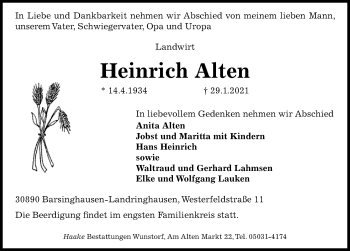 Traueranzeige von Heinrich Alten von Hannoversche Allgemeine Zeitung/Neue Presse
