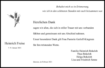 Traueranzeige von Heinrich Freise von Hannoversche Allgemeine Zeitung/Neue Presse