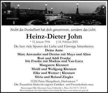 Traueranzeige von Heinz-Dieter John von Peiner Allgemeine Zeitung
