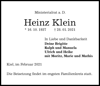 Traueranzeige von Heinz Klein von Kieler Nachrichten