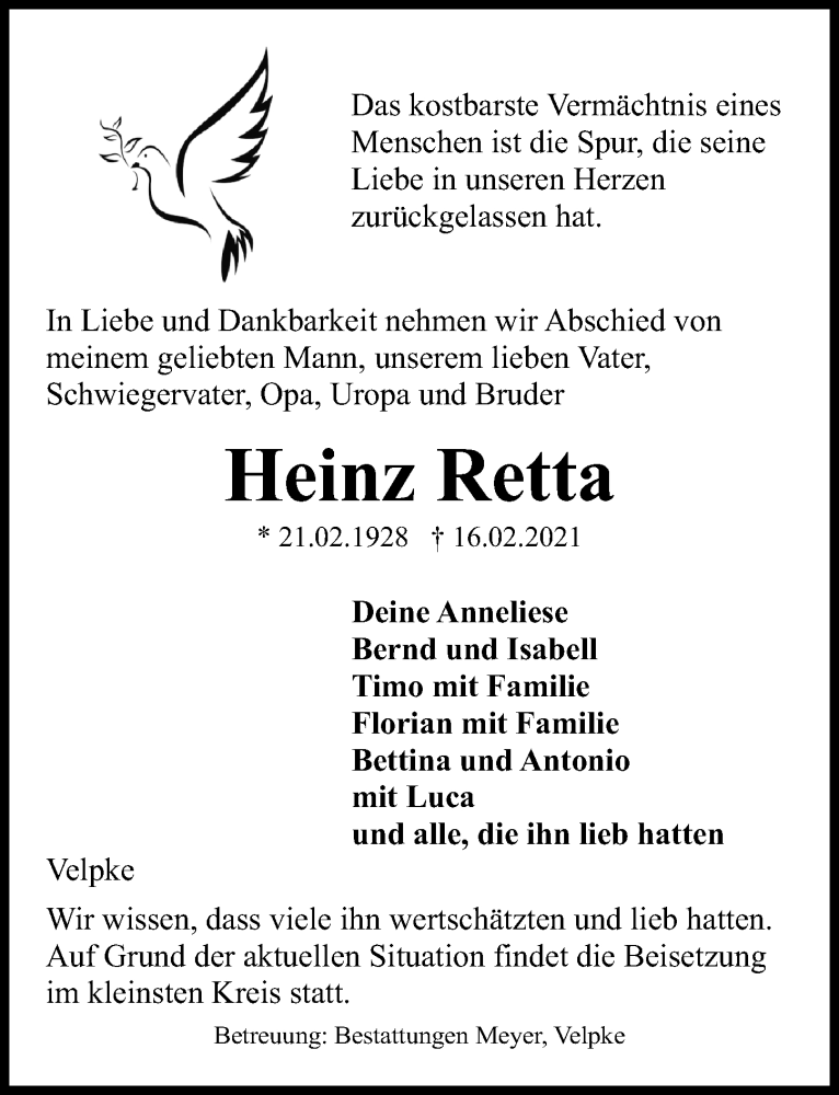  Traueranzeige für Heinz Retta vom 20.02.2021 aus Aller Zeitung