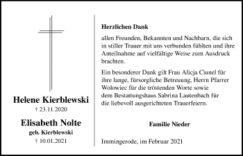 Traueranzeige von Helene Kierblewski von Eichsfelder Tageblatt