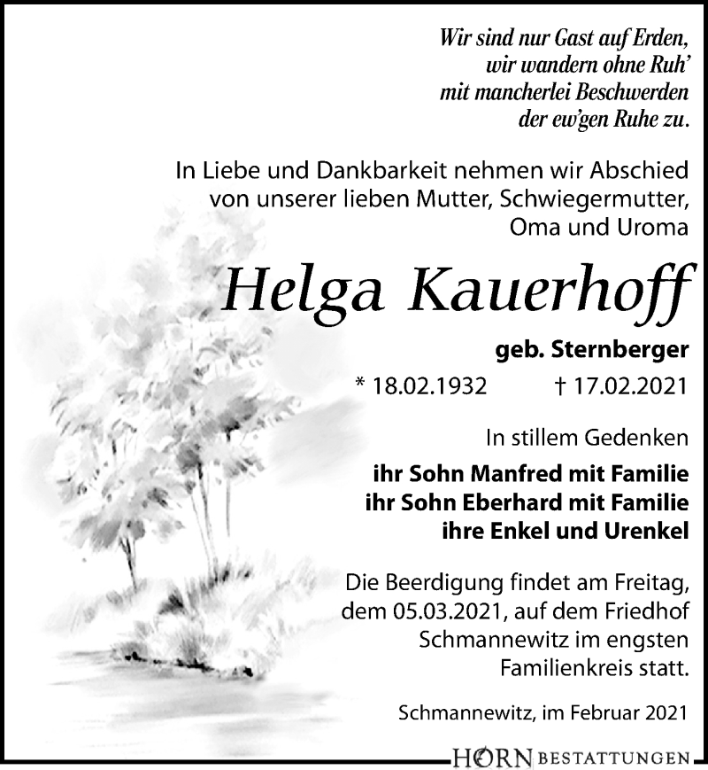  Traueranzeige für Helga Kauerhoff vom 20.02.2021 aus Leipziger Volkszeitung
