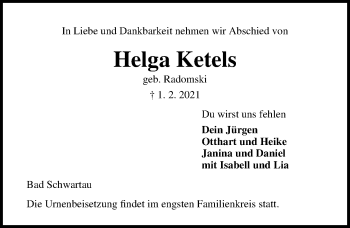 Traueranzeige von Helga Ketels von Lübecker Nachrichten