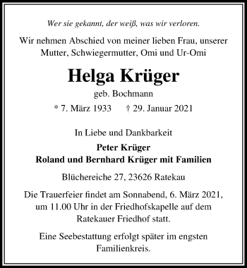 Traueranzeige von Helga Krüger von Lübecker Nachrichten