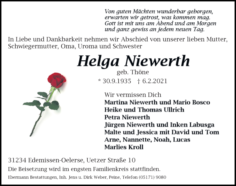  Traueranzeige für Helga Niewerth vom 09.02.2021 aus Peiner Allgemeine Zeitung