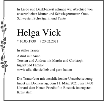 Traueranzeige von Helga Vick von Ostsee-Zeitung GmbH