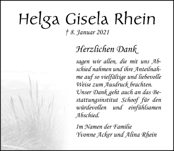 Traueranzeige von Helga Gisela Rhein von Ostsee-Zeitung GmbH
