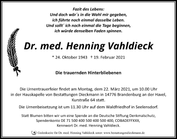 Traueranzeige von Henning Vahldieck von Märkischen Allgemeine Zeitung