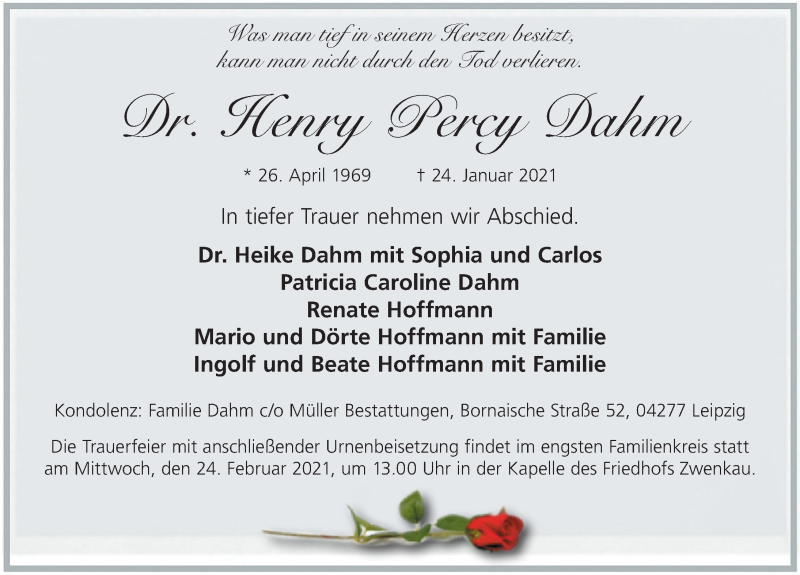  Traueranzeige für Henry Percy Dahm vom 06.02.2021 aus Leipziger Volkszeitung