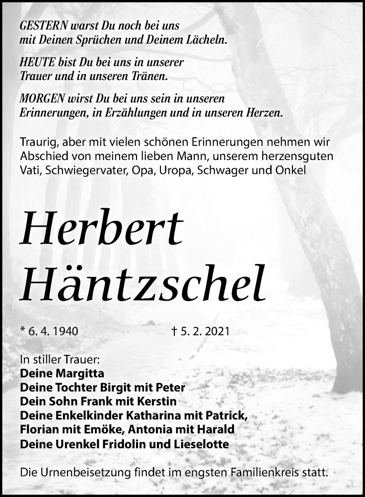  Traueranzeige für Herbert Häntzschel vom 20.02.2021 aus Torgauer Zeitung