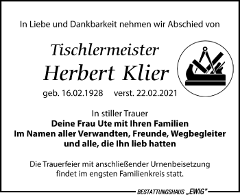 Traueranzeige von Herbert Klier von Leipziger Volkszeitung