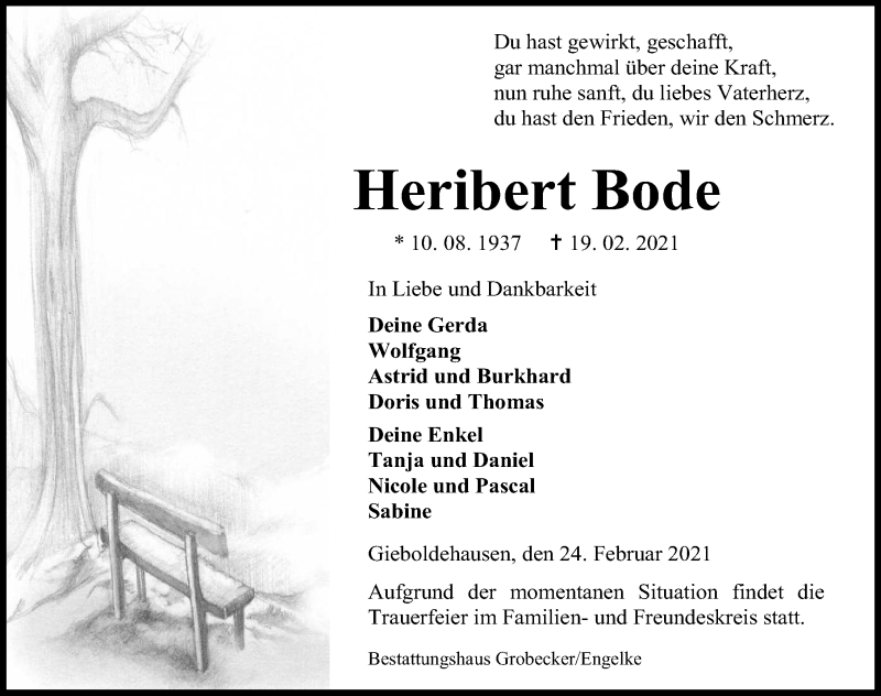  Traueranzeige für Heribert Bode vom 24.02.2021 aus Eichsfelder Tageblatt