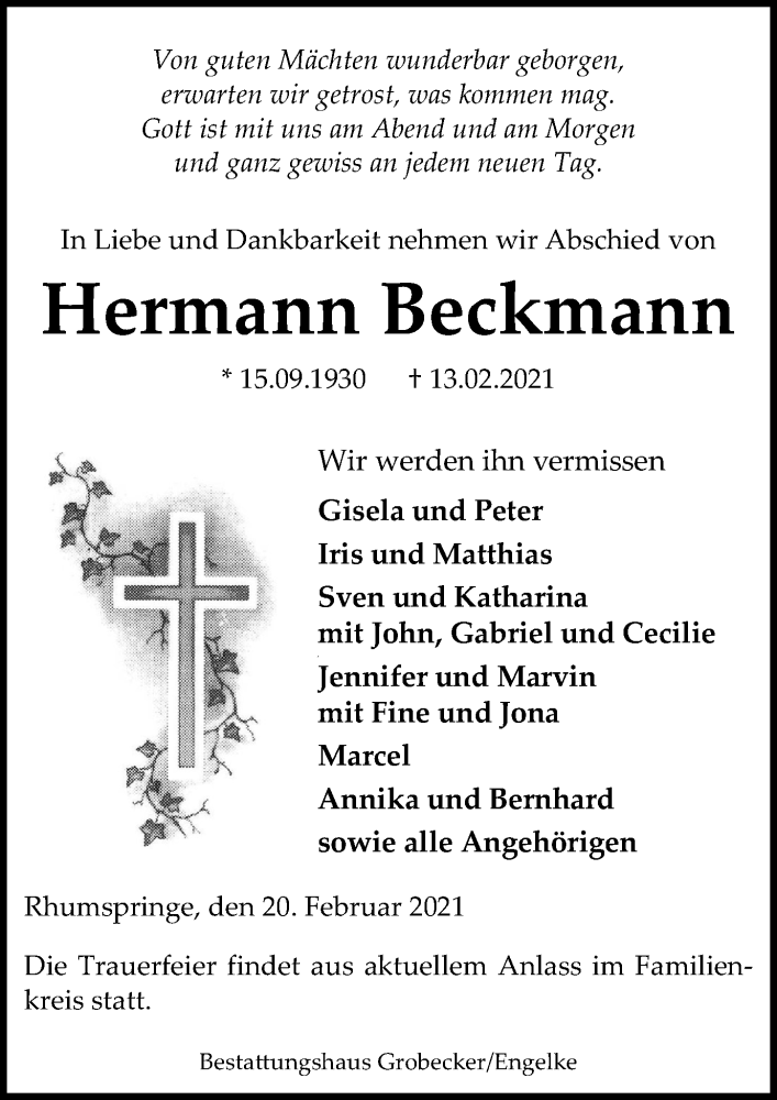  Traueranzeige für Hermann Beckmann vom 20.02.2021 aus Eichsfelder Tageblatt