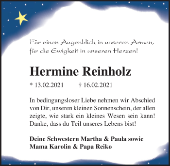 Traueranzeige von Hermine Reinholz von Ostsee-Zeitung GmbH