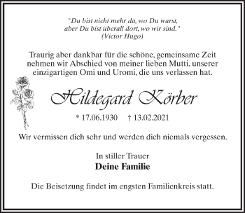 Traueranzeige von Hildegard Körber von Märkischen Allgemeine Zeitung