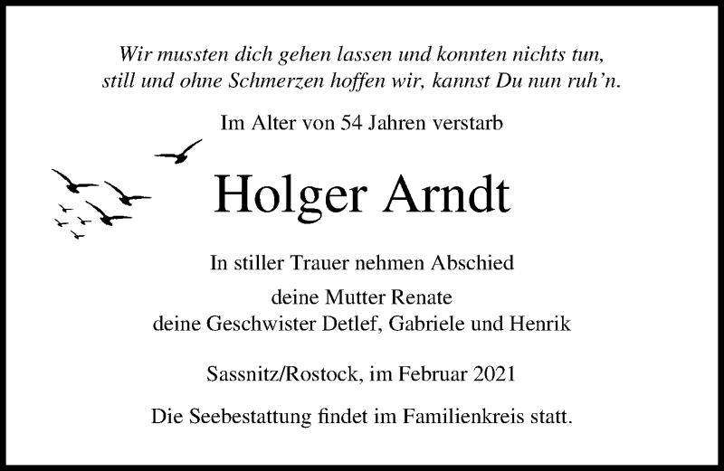  Traueranzeige für Holger Arndt vom 13.02.2021 aus Ostsee-Zeitung GmbH