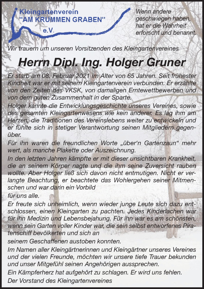  Traueranzeige für Holger Gruner vom 13.02.2021 aus Leipziger Volkszeitung