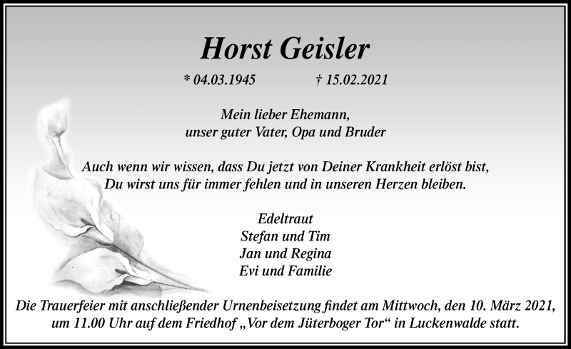  Traueranzeige für Horst Geisler vom 27.02.2021 aus Märkischen Allgemeine Zeitung