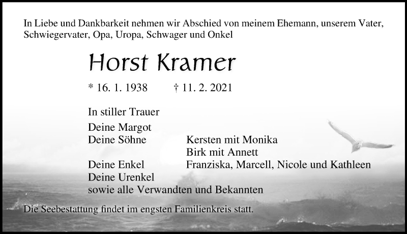  Traueranzeige für Horst Kramer vom 27.02.2021 aus Ostsee-Zeitung GmbH