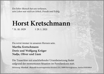 Traueranzeige von Horst Kretschmann von Hannoversche Allgemeine Zeitung/Neue Presse