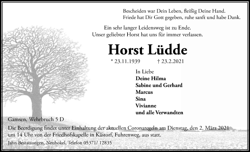  Traueranzeige für Horst Lüdde vom 26.02.2021 aus Aller Zeitung