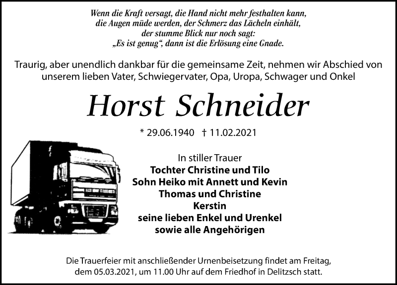  Traueranzeige für Horst Schneider vom 20.02.2021 aus Leipziger Volkszeitung