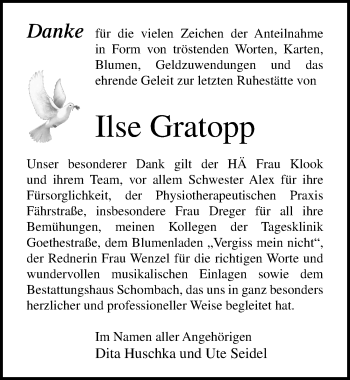 Traueranzeige von Ilse Gratopp von Ostsee-Zeitung GmbH