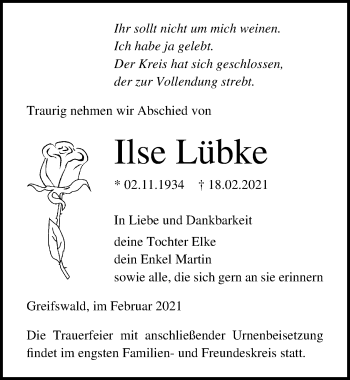 Traueranzeige von Ilse Lübke von Ostsee-Zeitung GmbH