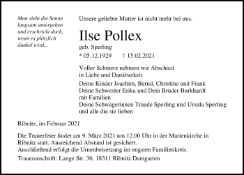Traueranzeige von Ilse Pollex von Ostsee-Zeitung GmbH